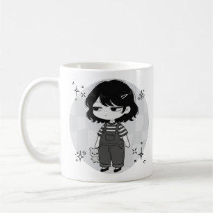 Illustratie van een chibi-meisje met een over-it-r koffiemok