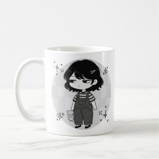 Illustratie van een chibi-meisje met een over-it-r koffiemok