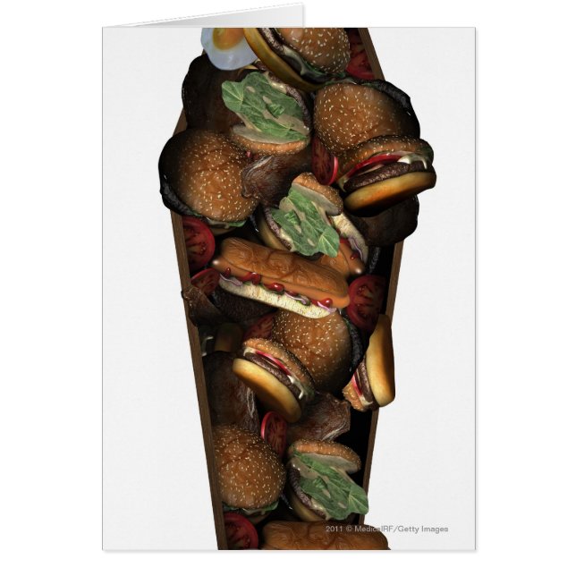 Illustratie van een doodskist gevuld met fast food (Voorkant)
