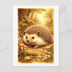 Illustratie van een egel in het bos in vintage sti briefkaart