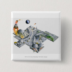 Illustratie van een futuristische basis op de maan vierkante button 5,1 cm