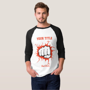 Illustratie van een gebalde vuist die door een muu t-shirt