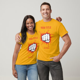 Illustratie van een gebalde vuist die door een muu t-shirt