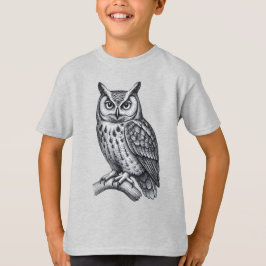 Illustratie van een gegraveerde uil in vintage zwa t-shirt