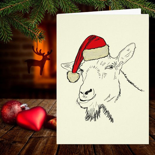 Illustratie van een geit met een kerstmuts 
