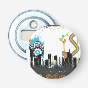 Illustratie van een grijs cityscape button flesopener