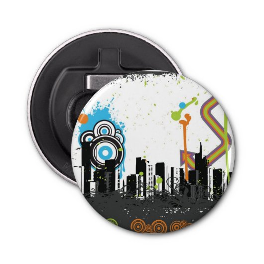 Illustratie van een grijs cityscape button flesopener (Voorkant)