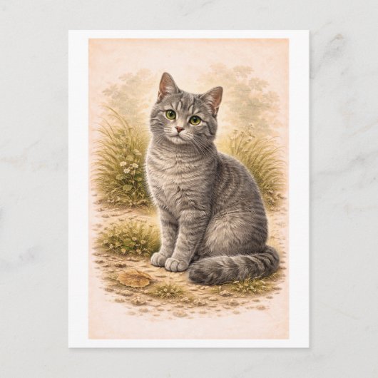 Illustratie van een grijze kat in vintage stijl briefkaart (Voorkant)
