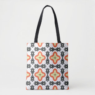 Illustratie van een helder, meerkleurig tapijt met tote bag