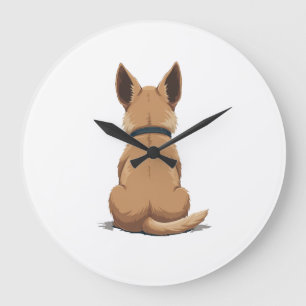 Illustratie van een hond van achteren met grote or klok
