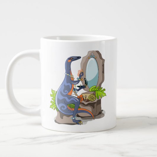 Illustratie van een Iguanodon die make-up aantrekt Grote Koffiekop (Links)