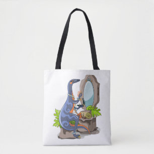 Illustratie van een Iguanodon die make-up aantrekt Tote Bag