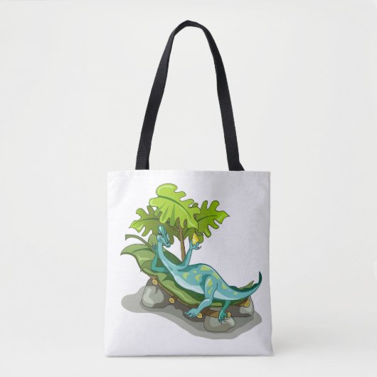 Illustratie van een Iguanodon zonnebaden. Tote Bag (Voorkant)