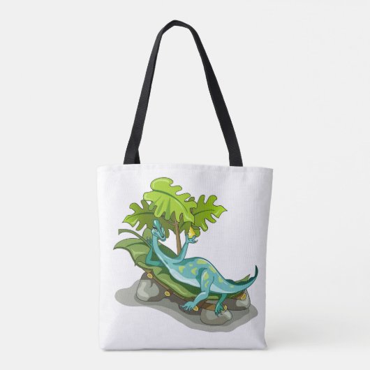 Illustratie van een Iguanodon zonnebaden. Tote Bag (Achterkant)