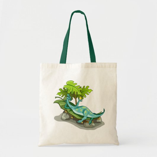 Illustratie van een Iguanodon zonnebaden. Tote Bag (Voorkant)