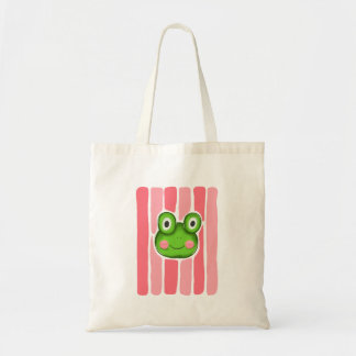 Illustratie van een knappe kikker met roze gestree tote bag