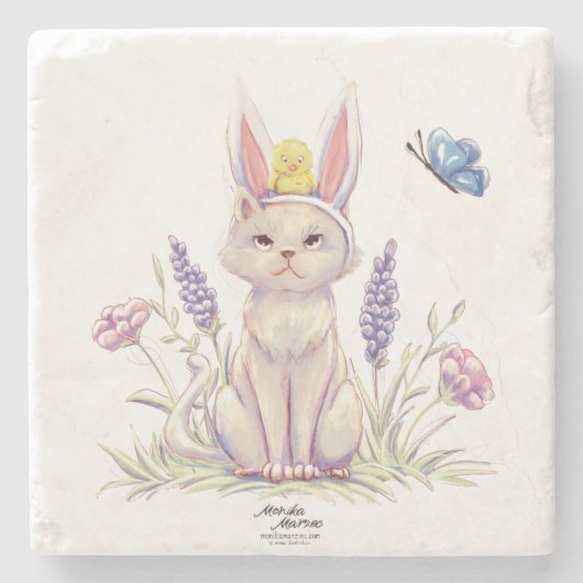 Illustratie van een knuffel Paaskat met kuiken Stenen Onderzetter (Voorkant)