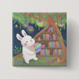 Illustratie van een knuffelkonijn met boeken vierkante button 5,1 cm