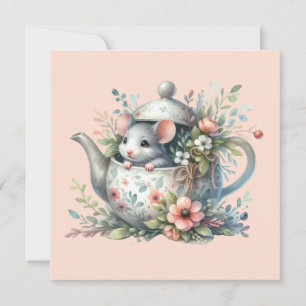 Illustratie van een knuffelmuis in een bloemige th feestdagenkaart