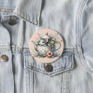 Illustratie van een knuffelmuis in een bloemige th ronde button 7,6 cm