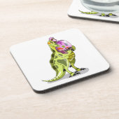 Illustratie van een lambeosaurus die een ei vastho bier onderzetter (Linkerzijde)