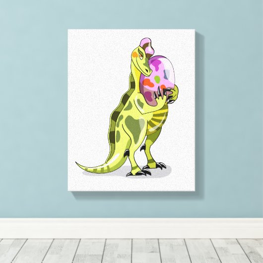 Illustratie van een lambeosaurus die een ei vastho canvas afdruk (Insitu (Houten vloer))