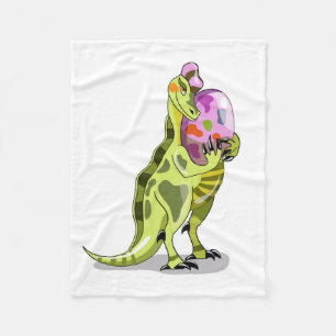 Illustratie van een lambeosaurus die een ei vastho fleece deken