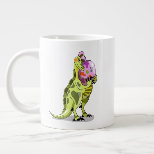 Illustratie van een lambeosaurus die een ei vastho grote koffiekop (Links)