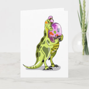 Illustratie van een lambeosaurus die een ei vastho kaart