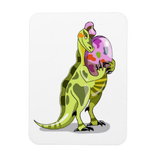 Illustratie van een lambeosaurus die een ei vastho magneet