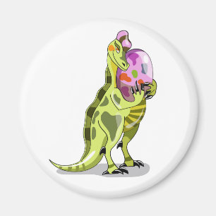 Illustratie van een lambeosaurus die een ei vastho magneet