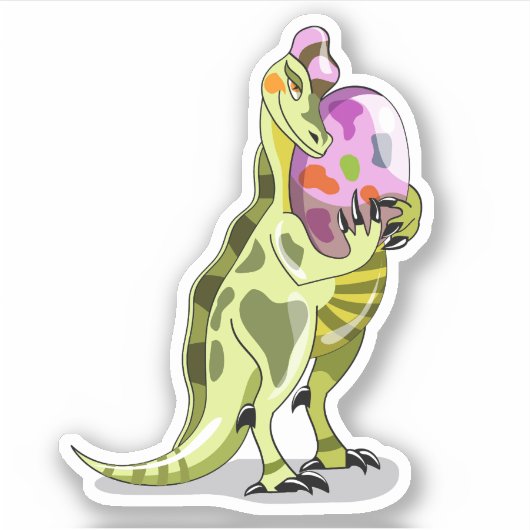 Illustratie van een lambeosaurus die een ei vastho sticker (Voorkant)