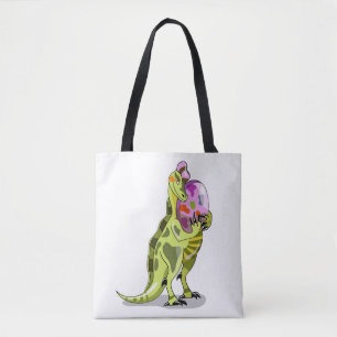 Illustratie van een lambeosaurus die een ei vastho tote bag