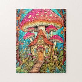 Illustratie van een leuk paddenstoelenhuis legpuzzel