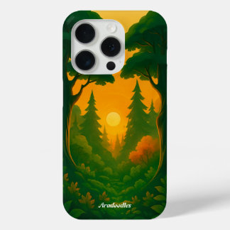 Illustratie van een levendig bos bij zonsondergang iPhone 15 pro case