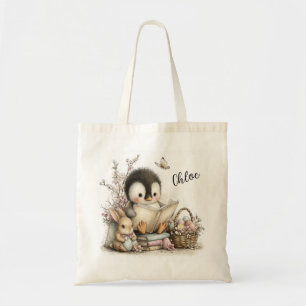 Illustratie van een lief pinguïntje dat leest tote bag