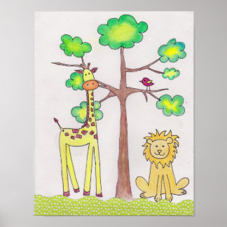 Illustratie van een lieve giraffe en leeuw voor ki poster