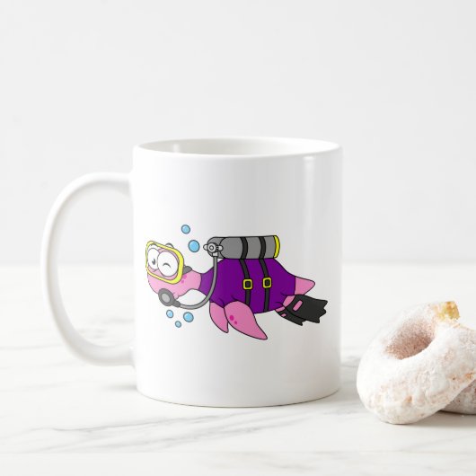 Illustratie van een Loch Ness monster duiker. Koffiemok (Met donut)