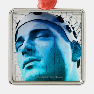 Illustratie van een man met een pet elektroden metalen ornament
