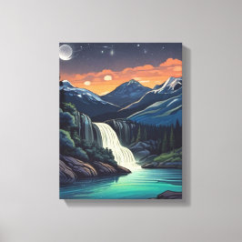 Illustratie van een meer 's nachts canvas afdruk