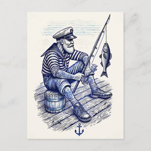 illustratie van een nostalgische zeeman Gevist Briefkaart (Voorkant)