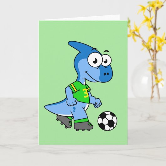 Illustratie van een parasaurolophus die voetbal sp kaart (Gele Bloem)