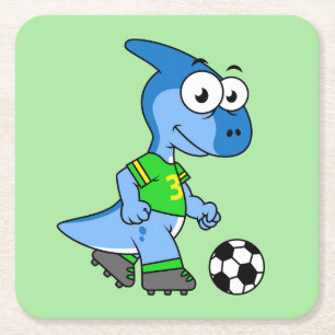 Illustratie van een parasaurolophus die voetbal sp kartonnen onderzetters