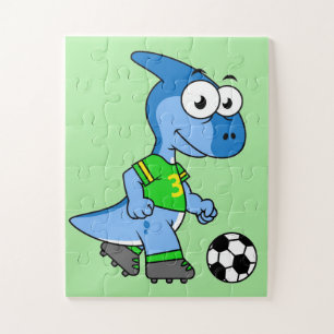 Illustratie van een parasaurolophus die voetbal sp legpuzzel