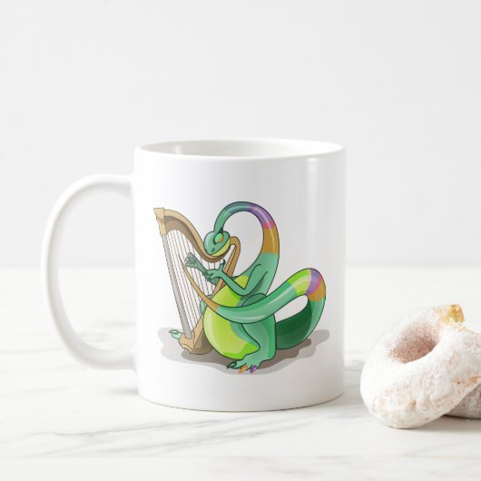 Illustratie van een plateosaurus die de harp bespe koffiemok (Met donut)