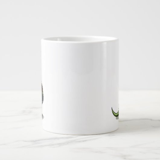 Illustratie van een plateosaurus die verkleed is a grote koffiekop (Voorkant)