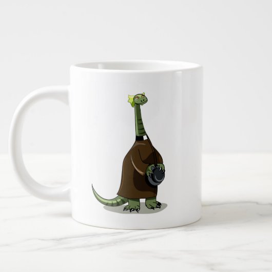 Illustratie van een plateosaurus die verkleed is a grote koffiekop (Links)