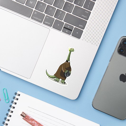 Illustratie van een plateosaurus die verkleed is a sticker (Laptop met iPhone)