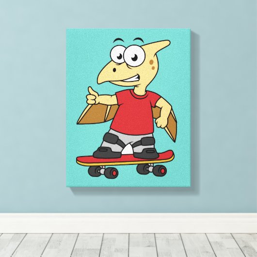 Illustratie van een pterosaurus skateboarden. canvas afdruk (Insitu (Houten vloer))