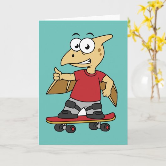 Illustratie van een pterosaurus skateboarden. kaart (Gele Bloem)